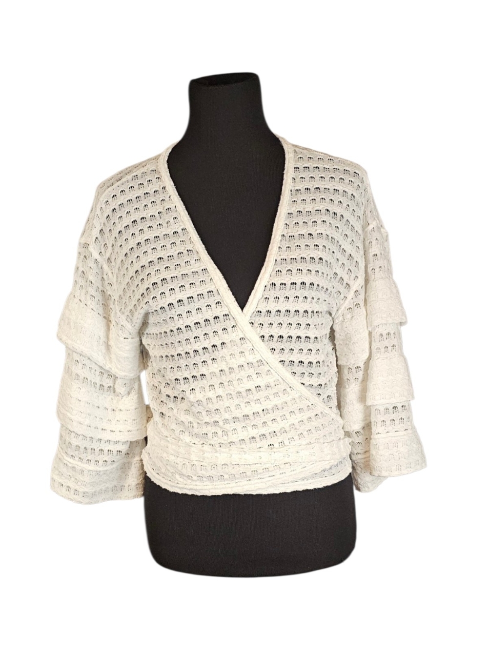 Cream Crochet Wrap Sweater with Tiered Sleeves